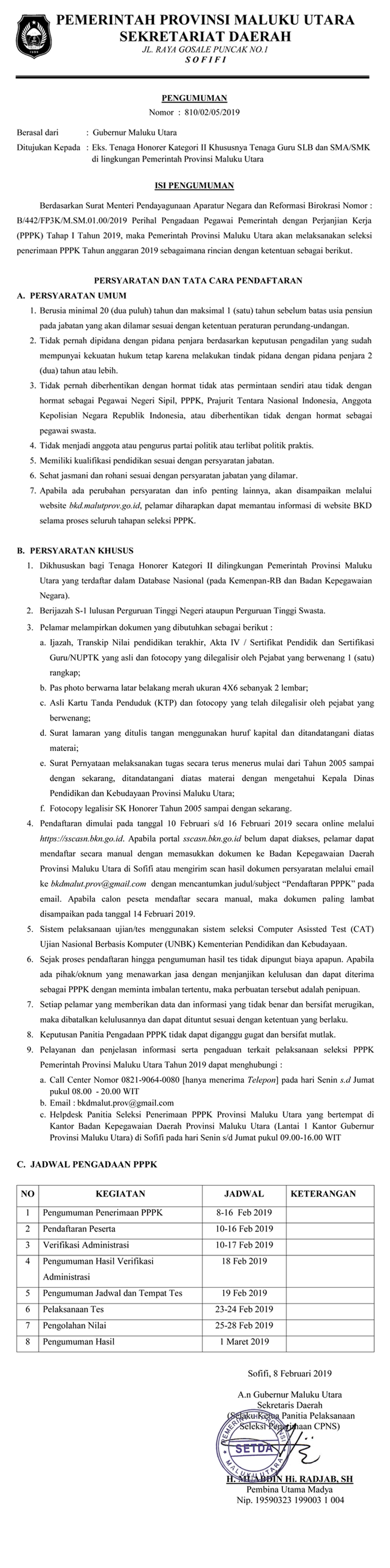Bkd Provinsi Maluku Utara Pengumuman Penerimaan Pendaftaran Seleksi Pppk Tahap I Provinsi Maluku Utara Tahun 2019